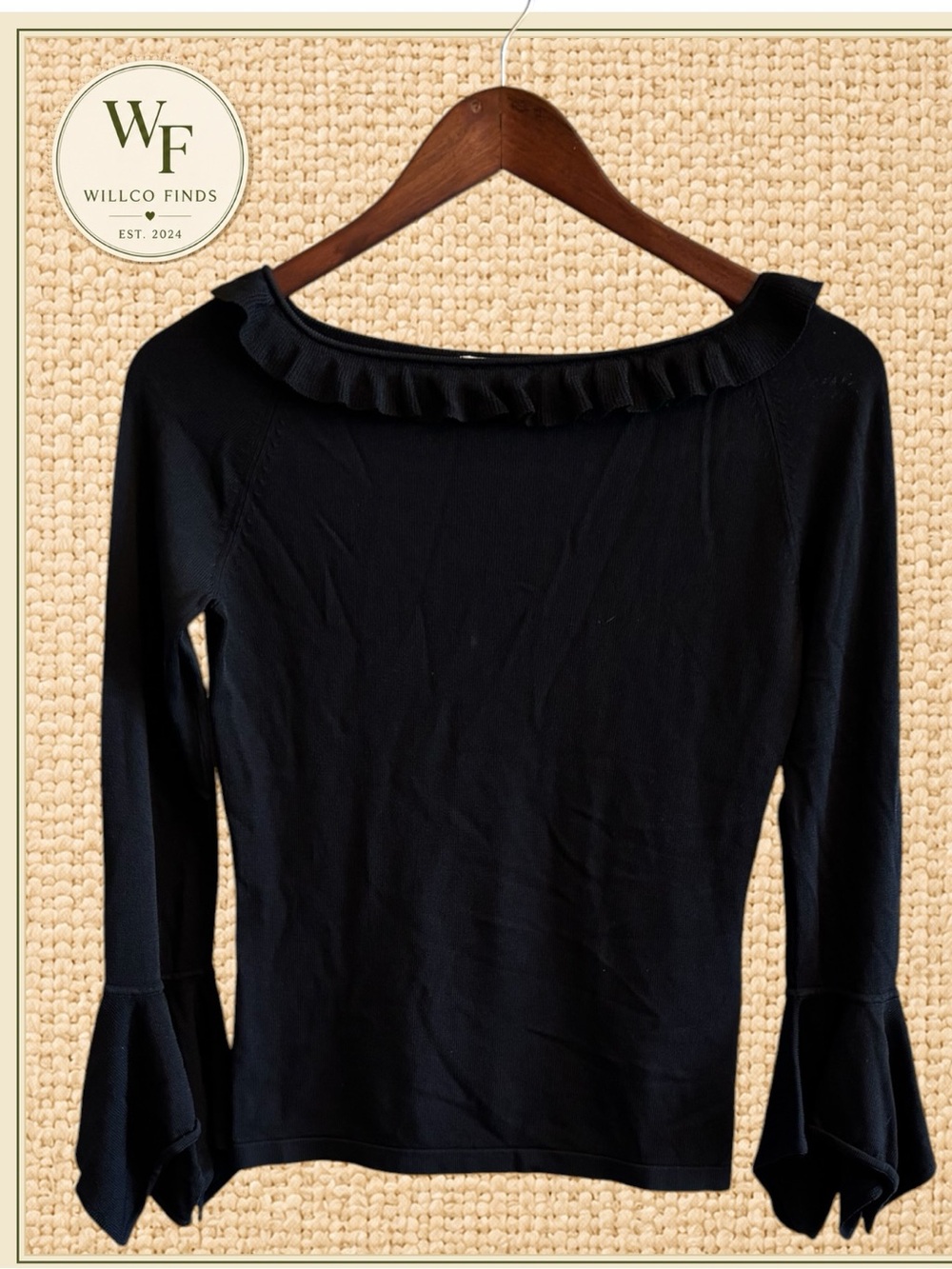Belladimi Black Ruffle Neck Bell Sleeve Knit Top Women’s Small